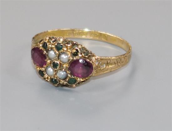 A late Victorian 15ct gold and gem set dress ring, in the suffragette colours, size S.